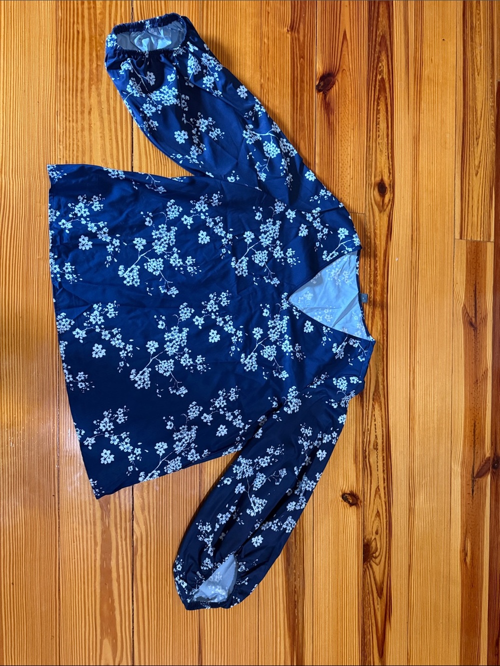 Navy and white flowered blouse